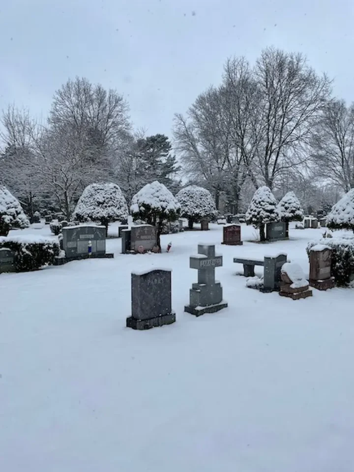 Commack Cemetery Grounds on Long Island, NY covered in snow