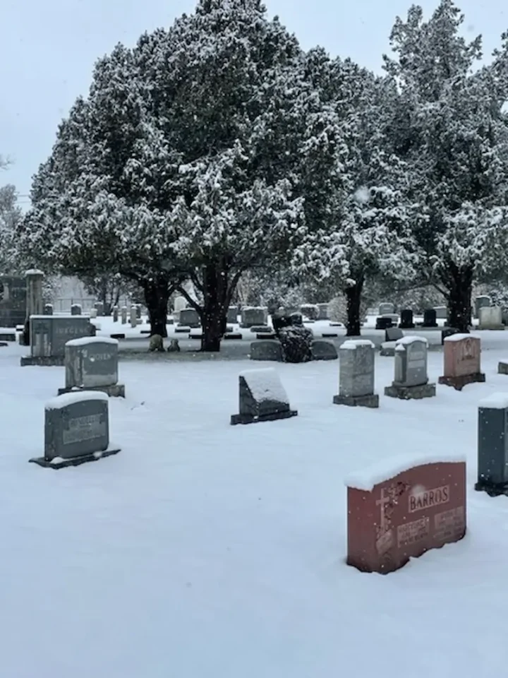 Commack Cemetery Grounds on Long Island, NY covered in snow